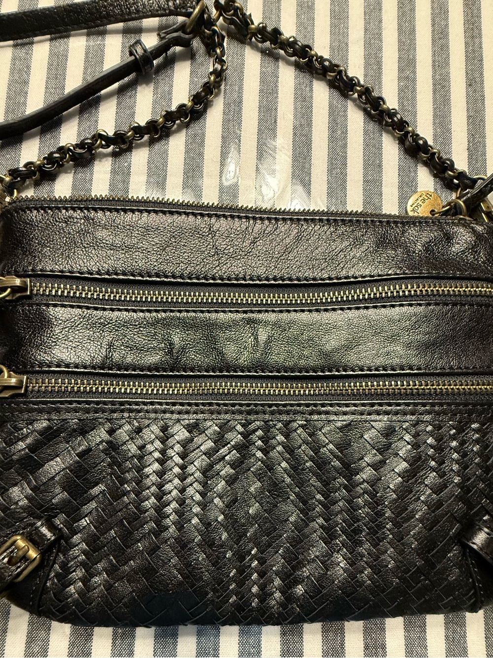 The Sak Black Woven Leather Crossbody Bag - 2-Zip Design